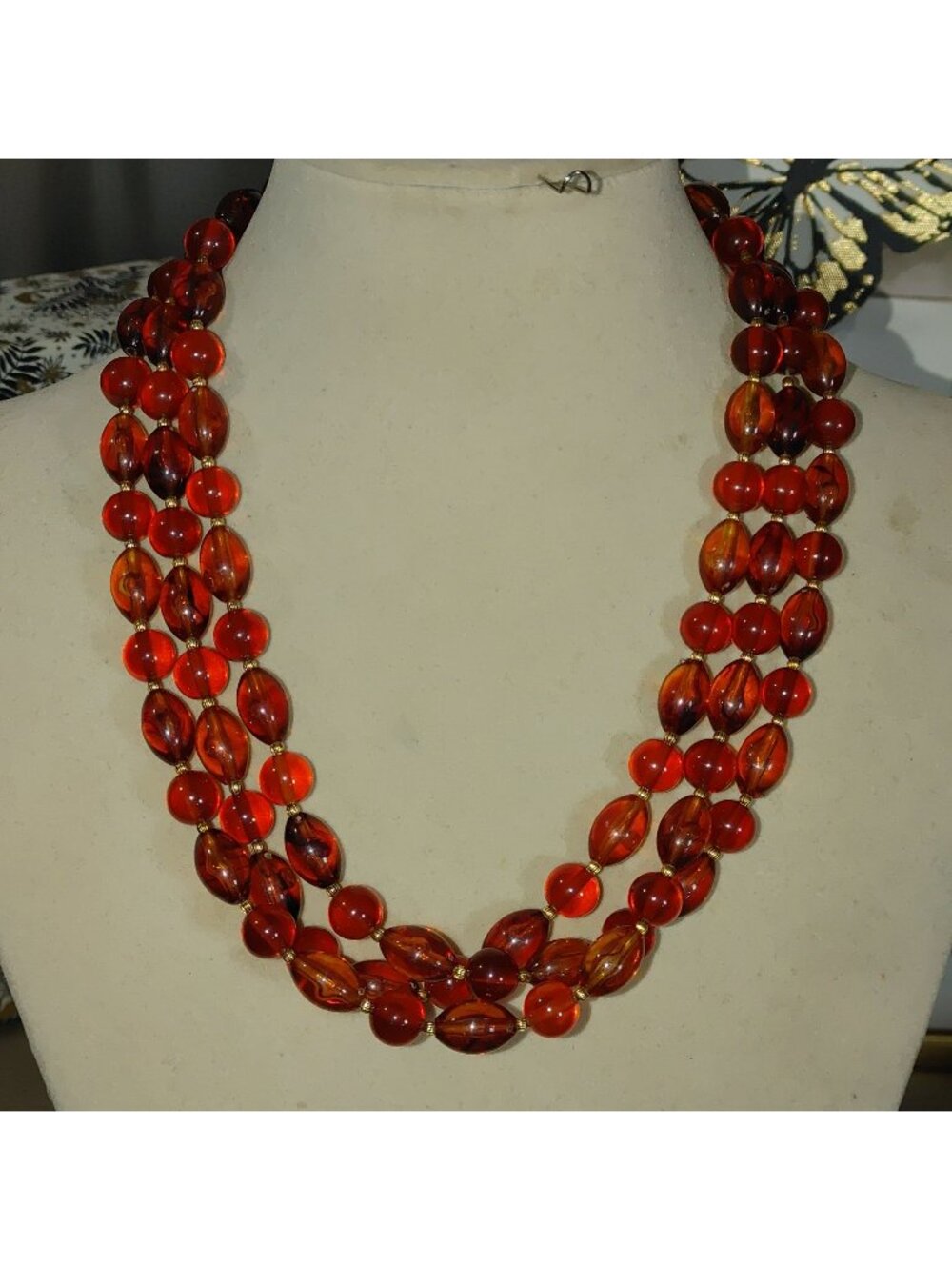 Hobe Necklace Vintage Brown Red Ambar Lucite Bead Gold Tone Accents 54 Inches